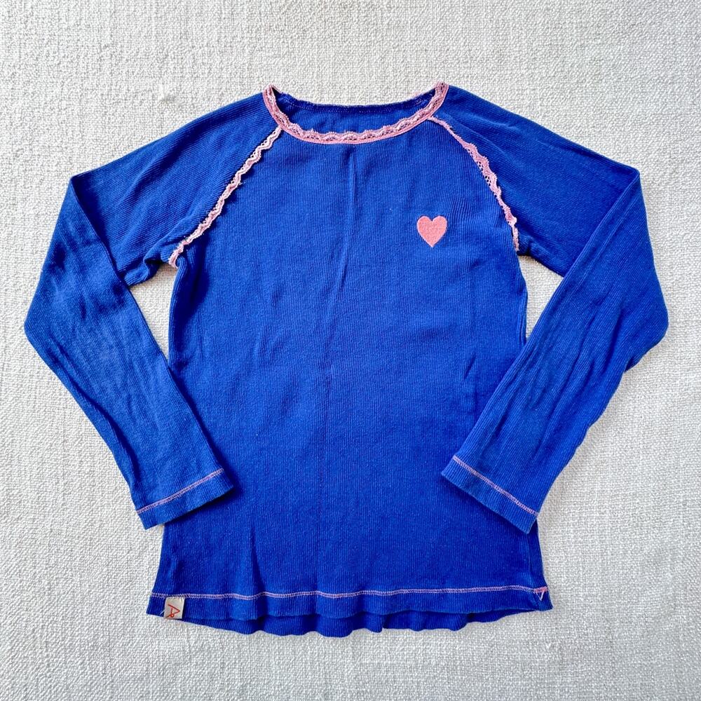 Alba of Denmark Blue Ribbed Lace Trimmed Heart Tee GUC 6/7
